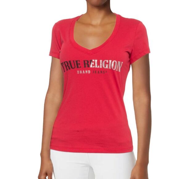 NWT True Religion Logo Graphic Print Deep V-Neck Slim Fit T-Shirt Top - Picture 1 of 5